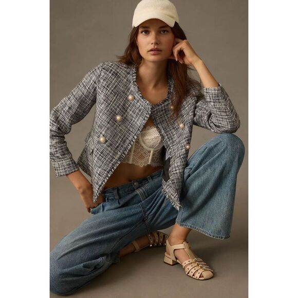 Anthropologie Maeve Double Breasted Tweed Jacket size 4 Blue - Picture 5 of 16